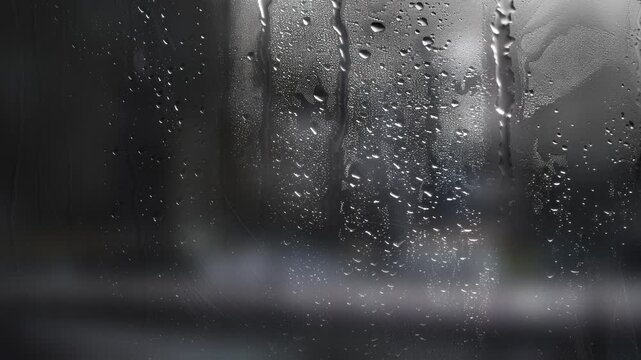 Raindrops and streaks on a window with a blurred urban street scene in the background. Moody, melancholic atmosphere. Seamless loop