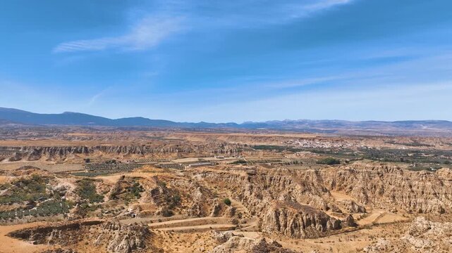 One hundred and eighty degree aerial scan of Spain's Hoya de Guadix region