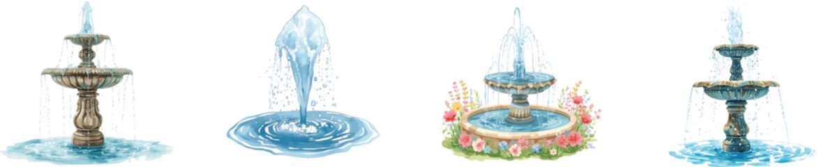 Watercolor set water fountain isolated on white background
