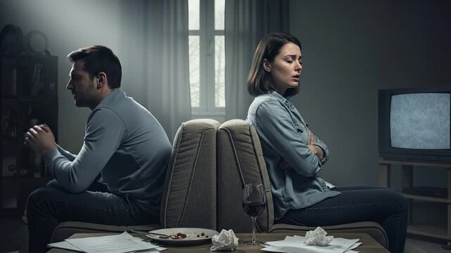 Couple sitting facing away, depicting relationship conflict and tension.