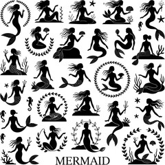 Elegant black mermaid silhouette illustration set featuring mythical sea maidens in graceful poses, tridents, flowing hair, and decorative aquatic elements.