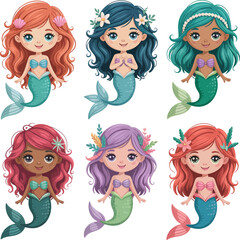 Cute cartoon mermaid character set with diverse hairstyles and colorful tails, designed in kawaii style for children&rsquo;s illustrations.