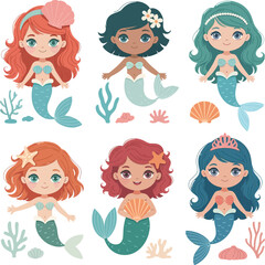 Cute cartoon mermaid character set with diverse hairstyles and colorful tails, designed in kawaii style for children&rsquo;s illustrations.