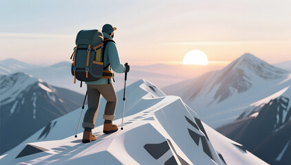 A lone hiker moving forward at sunrise in the mountains