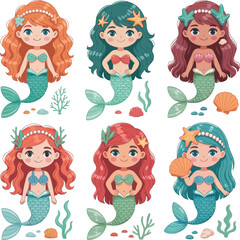 Cute cartoon mermaid character set with diverse hairstyles and colorful tails, designed in kawaii style for children&rsquo;s illustrations.