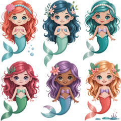 Cute cartoon mermaid character set with diverse hairstyles and colorful tails, designed in kawaii style for children&rsquo;s illustrations.