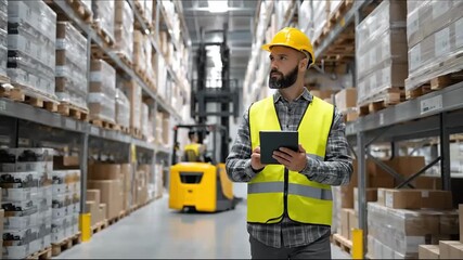 A male warehouse worker in a hard hat and reflective vest uses a digital tablet while walking through a busy industrial storage facility. - Powered by Adobe