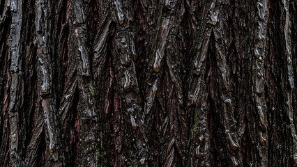 Obraz premium Dark, textured tree bark with glistening sap droplets after rain, revealing intricate natural patterns.
