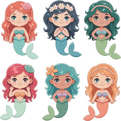 Cute cartoon mermaid character set with diverse hairstyles and colorful tails, designed in kawaii style for children&rsquo;s illustrations.