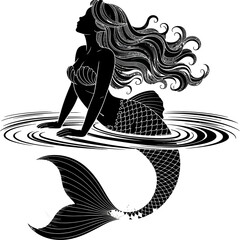 Stylized black silhouette illustration of a mermaid sitting in water with flowing hair and curved tail, fantasy ocean artwork.