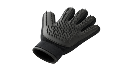 Dark gray texture glove on black shows detail. Pet care product photography, website display.