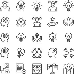 Creative idea and innovation icons set showing thinking, inspiration, solutions, teamwork, knowledge, and problem solving.