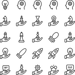 Creative idea and innovation icons set showing thinking, inspiration, solutions, teamwork, knowledge, and problem solving.
