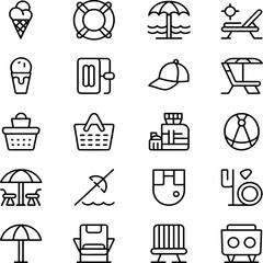 Minimal line icons set depicting summer beach objects including ice cream, umbrella, chair, lifebuoy, hat, picnic basket collection vector.