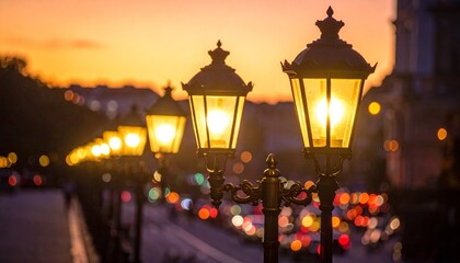 close up Street lights at sunset, street in the city of night background