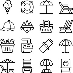 Minimal line icons set depicting summer beach objects including ice cream, umbrella, chair, lifebuoy, hat, picnic basket collection vector.