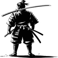 Black ink silhouette of a traditional samurai warrior standing confidently with sword, conveying strength, honor, discipline.