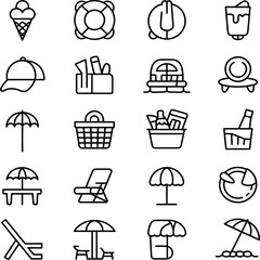 Minimal line icons set depicting summer beach objects including ice cream, umbrella, chair, lifebuoy, hat, picnic basket collection vector.