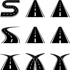 Black road icon set showing straight, curved, and intersecting highways for navigation, transportation, infrastructure, and route design concepts.