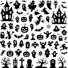 Halloween icon collection featuring haunted houses, ghosts, monsters, skulls, witches, bats, trees, and spooky decorative silhouettes.