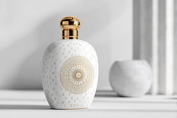 Elegant perfume bottle with gold accents on white surface