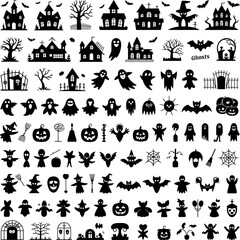 Halloween icon collection featuring haunted houses, ghosts, monsters, skulls, witches, bats, trees, and spooky decorative silhouettes.