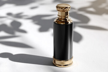 Luxurious black perfume bottle with gold accents on white surface