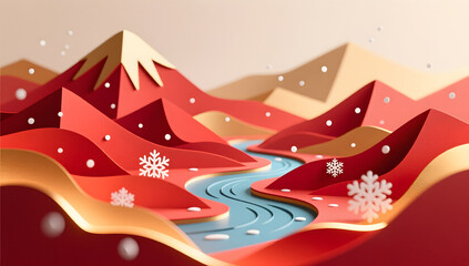 Obraz premium Papercut landscape art of mountains, rivers, and snow