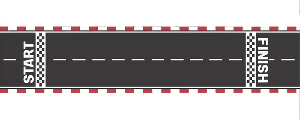 Top-down racetrack illustration with start and finish line, asphalt road, lane markings, barriers, motorsport competition concept, speed, racing, circuit.