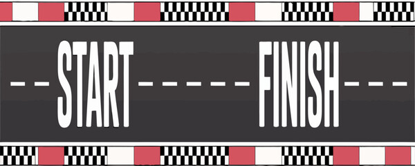 Top-down racetrack illustration with start and finish line, asphalt road, lane markings, barriers, motorsport competition concept, speed, racing, circuit.
