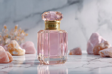 Elegant pink perfume bottle with gold accents on marble surface
