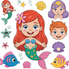 Cute cartoon mermaid character set with diverse hairstyles and colorful tails, designed in kawaii style for children&rsquo;s illustrations.