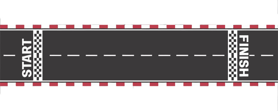Top-down racetrack illustration with start and finish line, asphalt road, lane markings, barriers, motorsport competition concept, speed, racing, circuit.
