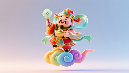 Cute God of Wealth Flying on Auspicious Clouds