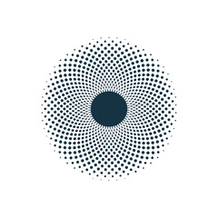 Dark blue halftone circle pattern radiating from a solid center on white background abstract