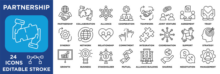 partnership icon collection set. Containing collaboration, teamwork, trust, alliance, business growth, negotiation, management, and strategic cooperation. line vector