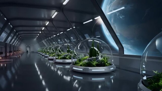 Futuristic space station with lush green ecosystems in glass domes