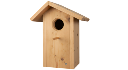 Wooden birdhouse, natural wood grain textures. Perfect for product display, educational illustrations, and nature-themed marketing.