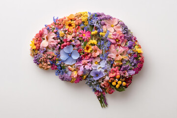 Vibrant floral brain arrangement with colorful flowers on white background
