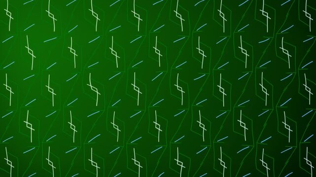 Geometric 2D patterns with moving glowing lines shapes mirror symmetry visual effects motion graphics across gradient background abstract outlines animation futuristic design colours green olive cyan