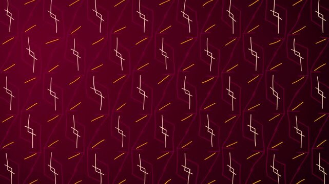 Geometric 2D patterns with moving glowing lines shapes mirror symmetry visual effects motion graphics across gradient background abstract outlines animation futuristic design colours maroon red yellow