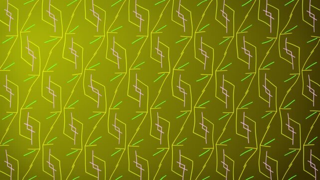 Geometric 2D patterns with moving glowing lines shapes mirror symmetry visual effects motion graphics across gradient background abstract outlines animation futuristic design colours yellow pink green