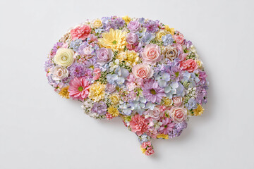 Vibrant floral brain sculpture with colorful flowers on white background