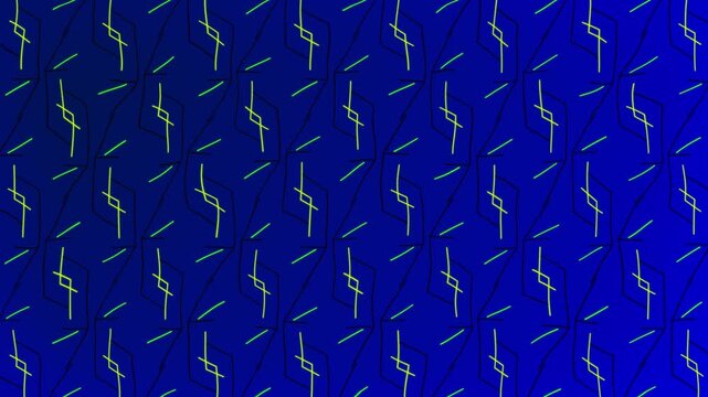 Geometric 2D patterns with moving glowing lines shapes mirror symmetry visual effects motion graphics across gradient background abstract outlines animation futuristic design colours blue lime green