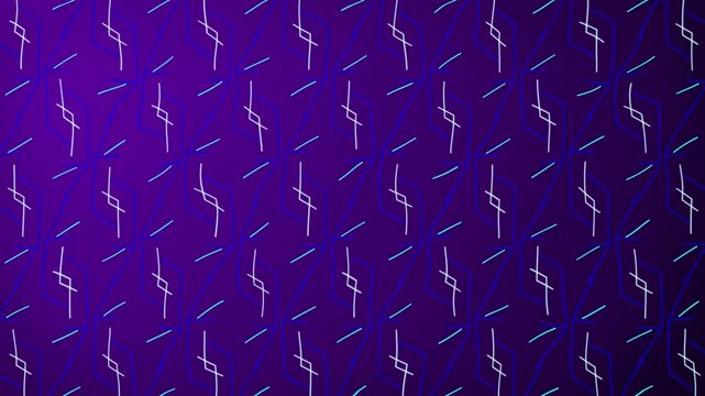 Geometric 2D patterns with moving glowing lines shapes mirror symmetry visual effects motion graphics across gradient background abstract outlines animation futuristic design colours royal purple blue