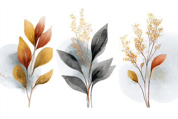 Watercolor leaves and flowers in autumn colors on white background