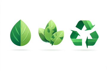 Eco friendly symbols with leaves and recycling icon in green