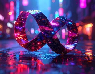Glowing infinity symbol with city lights in the blurred background (1)