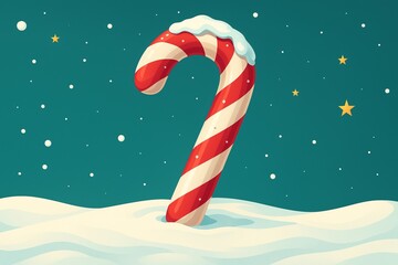 Illustrated Snowy Scene with a Festive Candy Cane