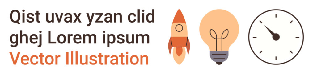 Fototapeta premium Creativity, innovation, idea generation, time management, brainstorming, productivity. Rocket, lightbulb and clock icons next to lorem ipsum text. Creativity and innovation concepts